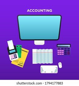 Bookkeeper working table Vector illustration in flat style, Top view.  Poster with transaction terminal, calculator, computer and documents on lilac backdrop