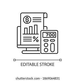 Bookkeeping and audit linear icon. Economic management, budget assessment thin line customizable illustration. Contour symbol. Financial consultation. Vector isolated outline drawing. Editable stroke
