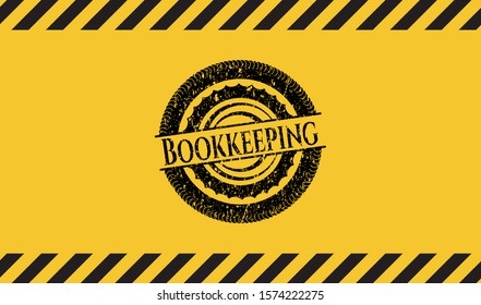Bookkeeping black grunge emblem inside yellow warning sign. Vector Illustration. Detailed.