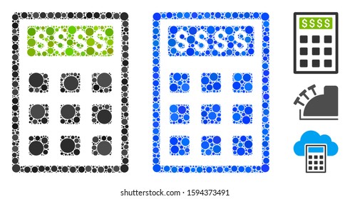 Book-keeping calculator mosaic of filled circles in variable sizes and color tinges, based on book-keeping calculator icon. Vector filled circles are composed into blue collage.