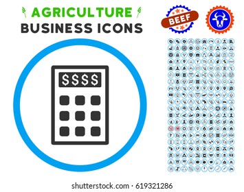Book-Keeping Calculator rounded icon with agriculture commercial icon kit. Vector illustration style is a flat iconic symbol inside a circle, blue and gray colors.