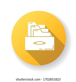 Bookkeeping card system yellow flat design long shadow glyph icon. Paper documents systematization, data folders. Paperwork, accounting documentation archive. Silhouette RGB color illustration