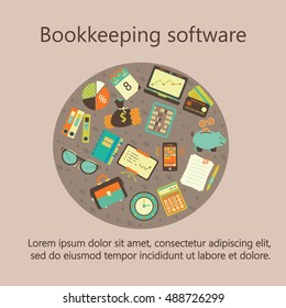 Bookkeeping card template with vector flat icons for web and print. Finance, accounting and auditing, economic and business illustration.