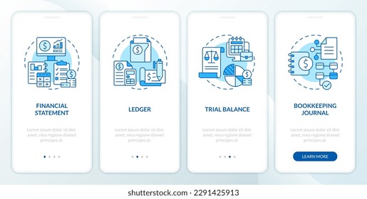 Bookkeeping elements blue onboarding mobile app screen. Walkthrough 4 steps editable graphic instructions with linear concepts. UI, UX, GUI template. Myriad Pro-Bold, Regular fonts used