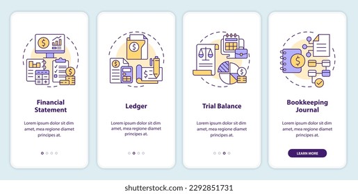 Bookkeeping elements onboarding mobile app screen. Walkthrough 4 steps editable graphic instructions with linear concepts. UI, UX, GUI template. Myriad Pro-Bold, Regular fonts used