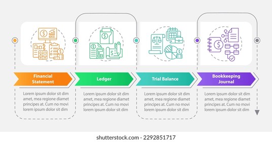 Bookkeeping elements rectangle infographic template. Data visualization with 4 steps. Editabe timeline info chart. Workflow layout with line icons. Myriad Pro-Bold, Regular fonts used