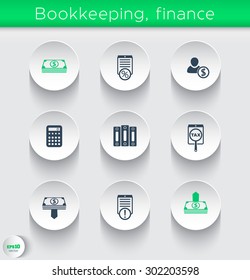 Bookkeeping, finance icons on round 3d shapes, vector illustration, eps10, easy to edit