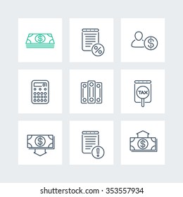Bookkeeping, finance, tax line icons in squares, vector illustration