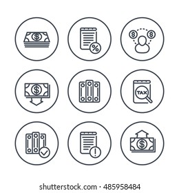 Bookkeeping line icons in circles, payroll, tax, cost, accountant, vector illustration