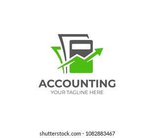 Bookkeeping logo template. Accounting vector design. ?alculator with arrow and documents logotype