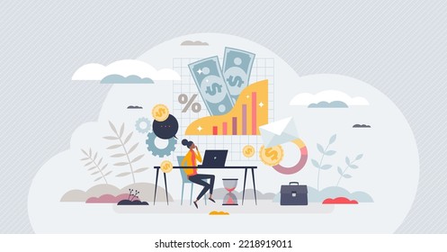 Bookkeeping and personal financial data management tiny person concept. Annual tax money document analysis and income, expenses audit vector illustration. Monthly bills calculation after work salary.