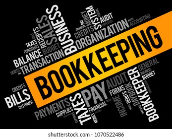 Bookkeeping is the recording of financial transactions, and is part of the process of accounting in business, word cloud concept background