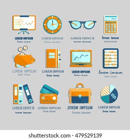 Bookkeeping vector flat icons. Finance, accounting and auditing, economic, business symbols. Business illustration.