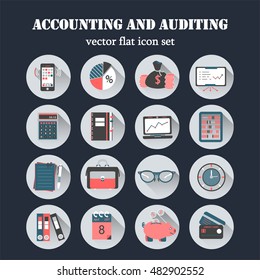 Bookkeeping vector flat icons. Finance, accounting and auditing, economic, business symbols. Business illustration.