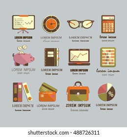 Bookkeeping vector flat icons. Finance, accounting and auditing, economic, business symbols. Business illustration.
