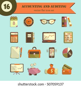 Bookkeeping vector flat icons. Finance, accounting and auditing, economic, business symbols. Business illustration.