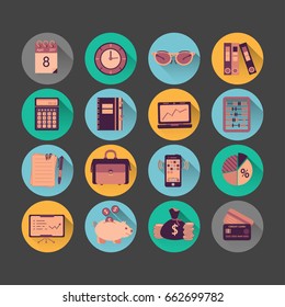 Bookkeeping vector flat icons. Finance, accounting and auditing, economic, business symbols. Business illustration