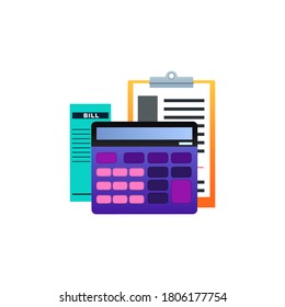 Bookkeeping Vector isolated icon in flat design Calculator, documents and bills on white backdrop
