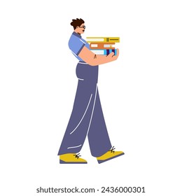 Book-laden student in motion, depicted in a modern flat design illustration. Blue and yellow attire emphasizes the academic activity against a simple white backdrop.