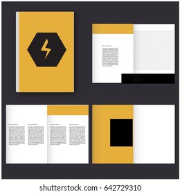 Booklet. Abstract binder layout. White a4 brochure cover design. Fancy info text frame. Creative ad flyer font. Title sheet model set. Modern vector front page.