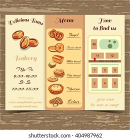 Booklet for bakery with hand drawn bread and buns. Booklet template with schedule, menu and map. Cafe identity. Vector illustration.