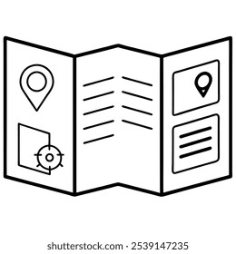 Folleto. folleto con descripción y mapa. guía. icono lineal. Línea con gráfico de diseño de dibujo de línea de trazo editable. Ilustración vectorial con fondo blanco