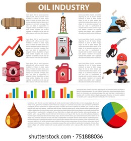 Booklet or brochure with infographics. Vector illustration with gasoline, tank, cistern, gas station, gas, canister, oilman or refueler, and place for text. 