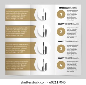 Booklet, brochure realistic vector cosmetic, applicator brush, bottles, black mascara stroke, beauty female cosmetics product concept for beauty salon of professional make up, vector illustration