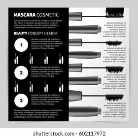 Booklet, brochure realistic vector cosmetic, applicator brush, bottles, black mascara stroke, beauty female cosmetics product concept for beauty salon of professional make up, vector illustration