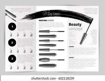 Booklet, brochure realistic vector cosmetic, applicator brush, bottles, black mascara stroke, beauty female cosmetics product concept for beauty salon of professional make up, vector illustration