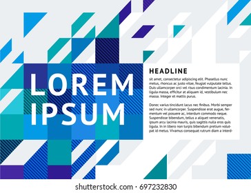 Booklet cover template with a place for the title and text. Abstract background of blue, turquoise squares, triangles and lines for advertising, printing, web.
