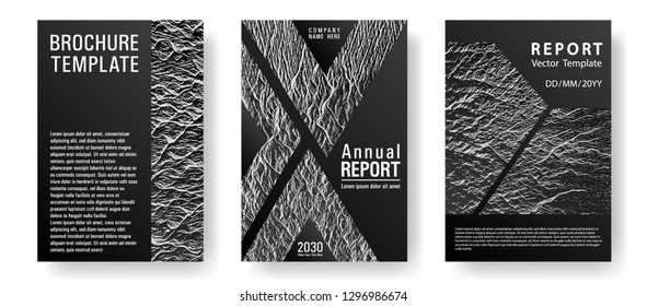 Booklet design vector layouts set. Black and white waves texture backdrops. Buzzing rippling motion background texture. Flat geometric cover leaflets. Cool booklet vector cover templates design.
