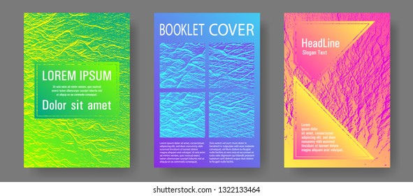 Booklet design vector layouts set. Pink blue green rainbow waves textures. Tect newsletter cover templates. Cool booklet vector cover templates design. Buzzing flux ripple movement background.
