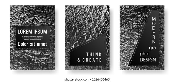 Booklet design vector layouts set. Black and white waves texture backdrops. Cool booklet vector cover templates design. Buoyant wavy flux background pattern. Minimal cover page concepts.