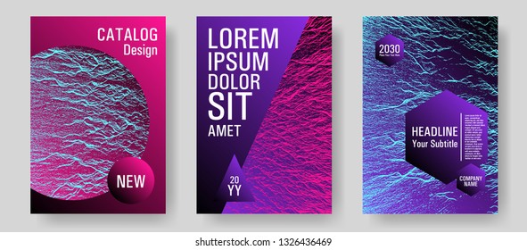 Booklet design vector layouts set. Pink blue purple synthwave textures. Liquid rippling motion background pattern. Cool booklet vector cover templates design. Geometric typography cover.