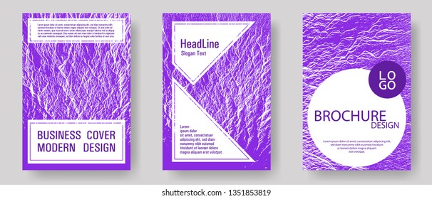 Booklet design vector layouts set. Proton purple color waves textures. Cool booklet vector cover templates design. Liquid rippling motion background pattern. Research development plan covers.