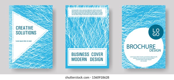 Booklet design vector layouts set. Blue sea water waves texture backdrops. Cool booklet vector cover templates design. Creative publication cover pages. Liquid rippling motion background pattern.