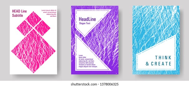 Booklet design vector layouts set. Teal pink purple waves texture backdrops.  