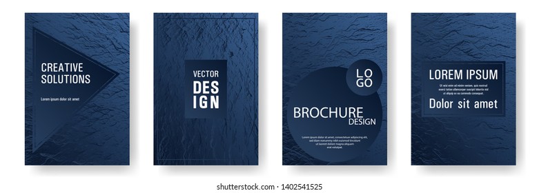 Booklet design vector layouts set. Dark blue and black waves texture. Liquid rippling motion background pattern. Company strategy book covers. Cool booklet vector cover templates design.