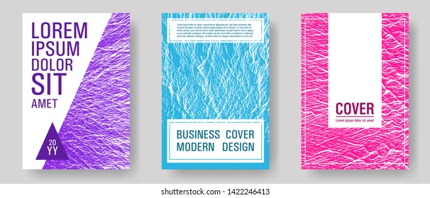 Booklet design vector layouts set. Teal pink purple waves texture backdrops. Covers with headline sample text. Buoyant wavy flux background pattern. Cool booklet vector cover templates design.