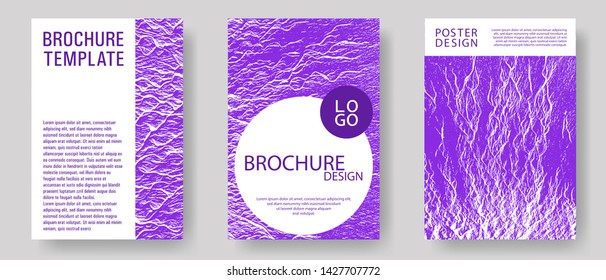 Booklet design vector layouts set. Proton purple color waves textures. Cool booklet vector cover templates design. Research development plan covers. Fluid buzzing wavy noise ripple texture.