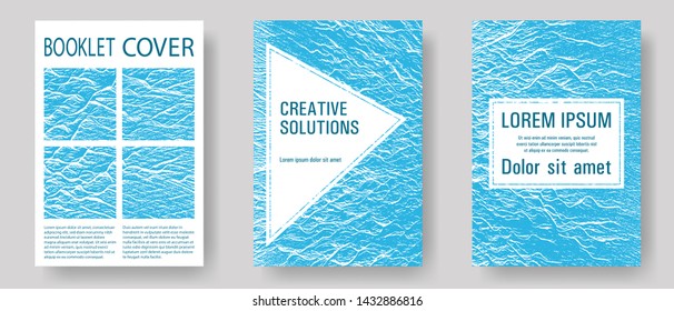 Booklet design vector layouts set. Blue sea water waves texture backdrops. Cool booklet vector cover templates design. Branding profile cover samples. Buzzing flux ripple movement background.