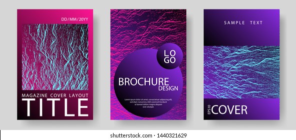 Booklet design vector layouts set. Pink blue purple synthwave textures. Cool booklet vector cover templates design. Liquid rippling motion background pattern. Geometric creative solutions.