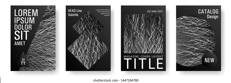 Booklet design vector layouts set. Black and white waves texture backdrops. Minimal cover page concepts. Cool booklet vector cover templates design. Buzzing flux ripple movement background.
