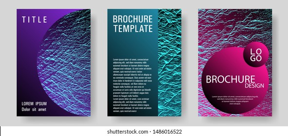 Booklet design vector layouts set. Pink blue purple synthwave textures. Cool booklet vector cover templates design. Buzzing flux ripple movement background. Minimal cover page concepts.