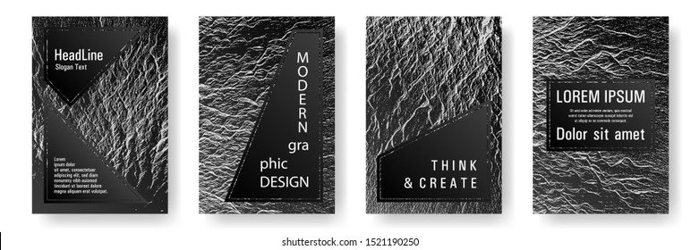 Booklet design vector layouts set. Black and white waves texture backdrops. Buzzing rippling motion background texture. Tect newsletter cover templates. Cool booklet vector cover templates design.