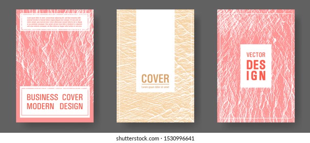 Booklet design vector layouts set. Sand and coral colors waves textures. Buzzing rippling motion background texture. Flat geometric cover leaflets. Cool booklet vector cover templates design.