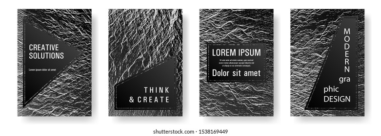 Booklet design vector layouts set. Black and white waves texture backdrops. Minimal cover page concepts. Buzzing rippling motion background texture. Cool booklet vector cover templates design.
