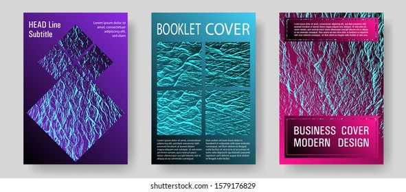 Booklet design vector layouts set. Pink blue purple synthwave textures. Cool booklet vector cover templates design. Liquid rippling motion background pattern. Tect newsletter cover templates.