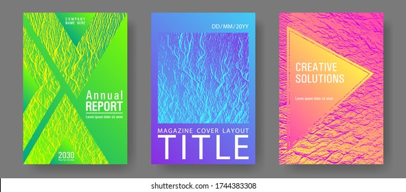 Booklet design vector layouts set. Pink blue green rainbow waves textures. Liquid rippling motion background pattern. Cool booklet vector cover templates design. Creative publication cover pages.